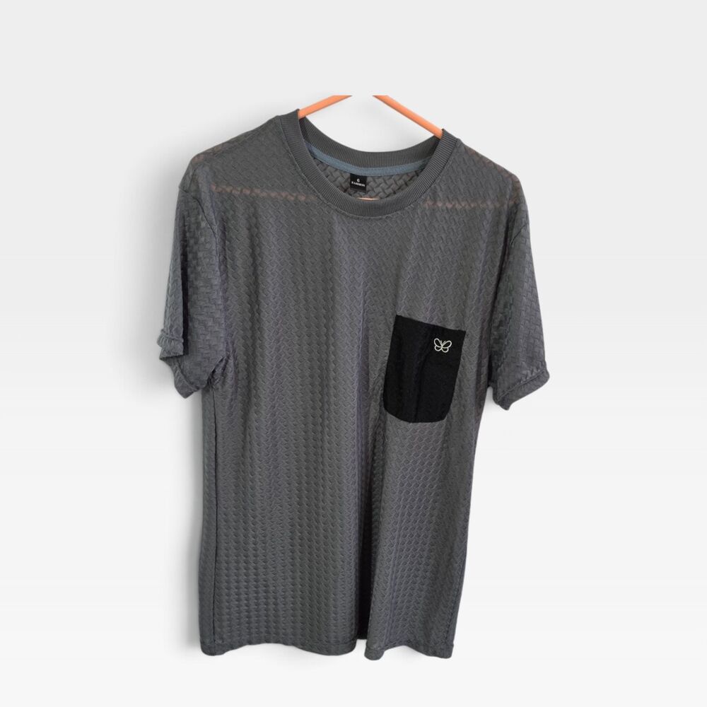 Men's Grey Textured Mesh Knit T-Shirt Black Embroidered Pocket Size 6XL